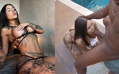 Pornô com morena brasileira, tiktoker carioca Amanda França de 22 aninhos transando com o personal negão na beira da piscina